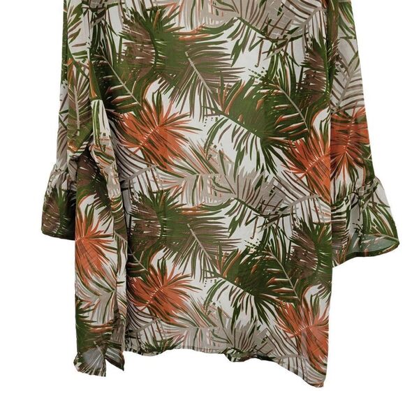 Vintage 80's Tantrums Kimono Coverup XL Green Sheer Botanical Camo Ruffle Cuff - Picture 10 of 13